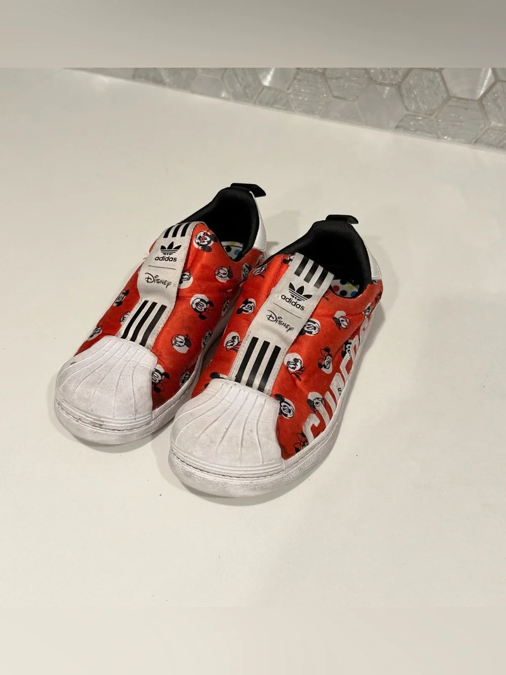 adidas Kids Red and White Mickey Slip-On Sneakers